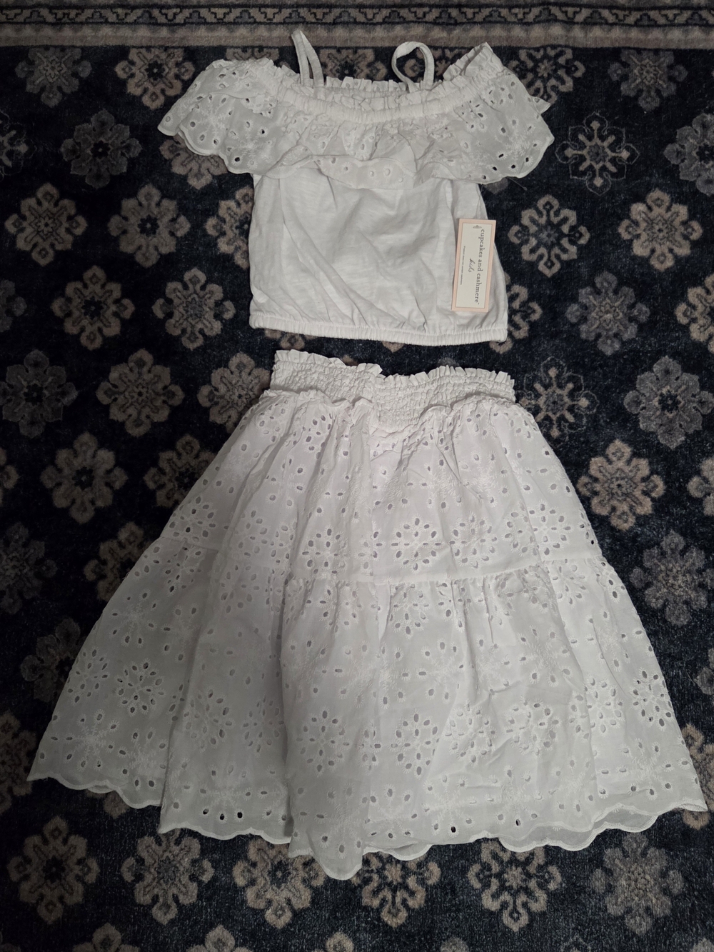 Barand New Girls White Eyelet Two-Piece Skirt Set - Lightweight Summer Dress